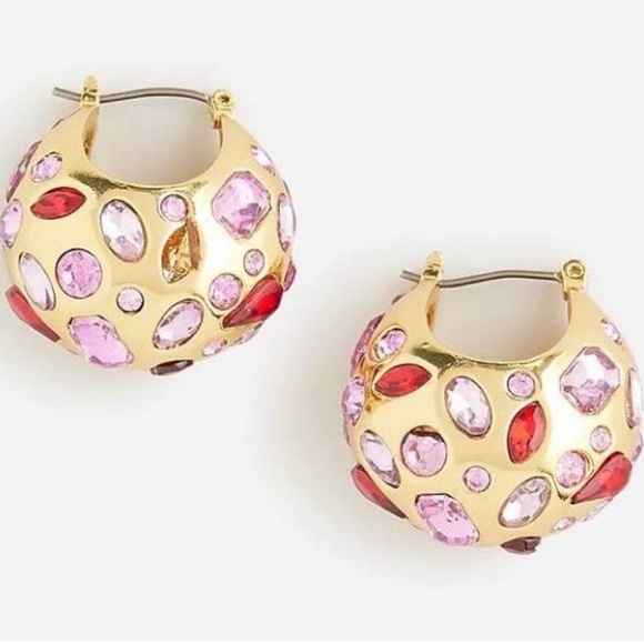 J crew Crystal-studded huggie hoop earrings pink red gold - Picture 1 of 4
